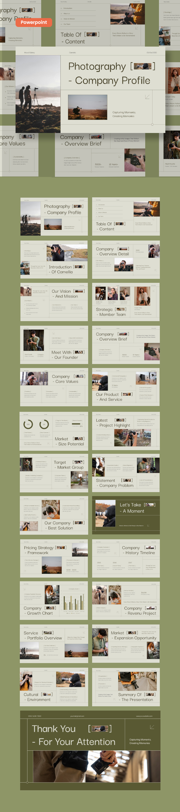 Cream Brown Green Modern Minimalist Photography Company Profile Power Point Presentation