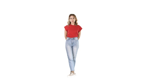 Young Girl Listening Something Attentively on White Background