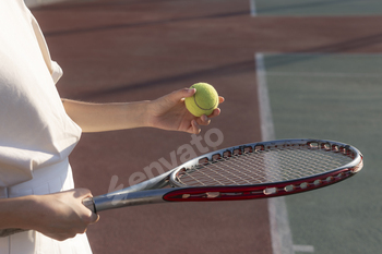 a female tennis player holds a tennis ball in her right hand while standing on a tennis court.