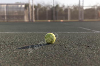 yellow tennis ball sits on a green tennis court, with a blurred background of a tennis net and trees