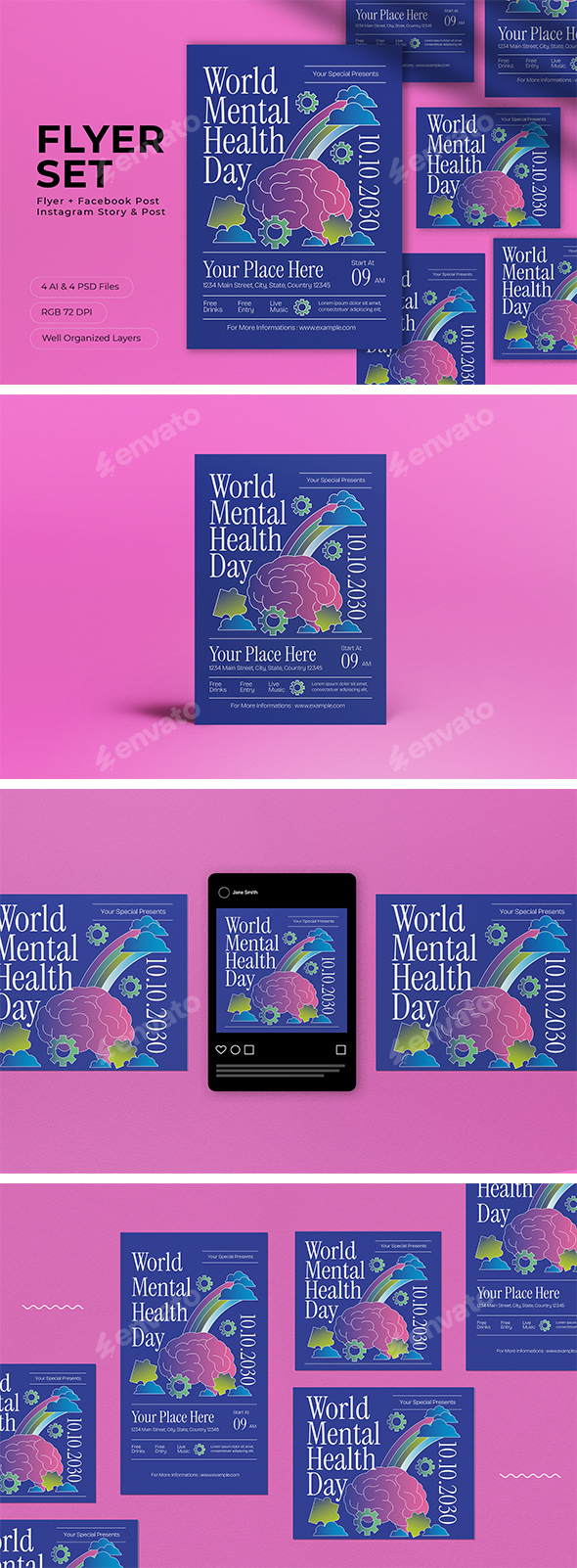 Blue Y2K World Mental Health Day Flyer Set