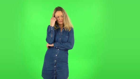 Fair Woman Is Thinking About Something, and Then an Idea Coming To Her . Green Screen