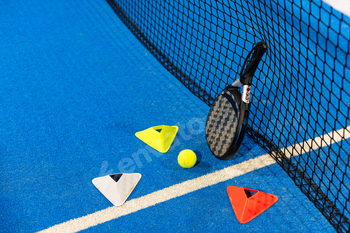 Paddle tennis objects and court.