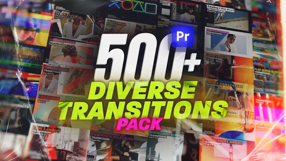 Diverse Transitions Pack for Premiere Pro: Glitch, Film, Light, Seamless, Collage, Paper & More