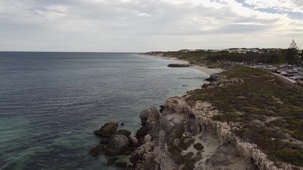 Aerial Rise Up Shot Over Rocky Coastline, Burns Beach Perth Australia