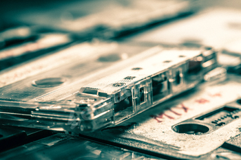 Closeup of classic stack of old audio cassettes