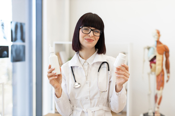 Smiling female doctor holding medication bottles in medical office