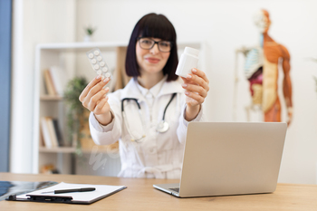 Doctor showing prescription medication in medical office