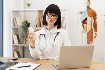 Female doctor holding medication bottle in medical office