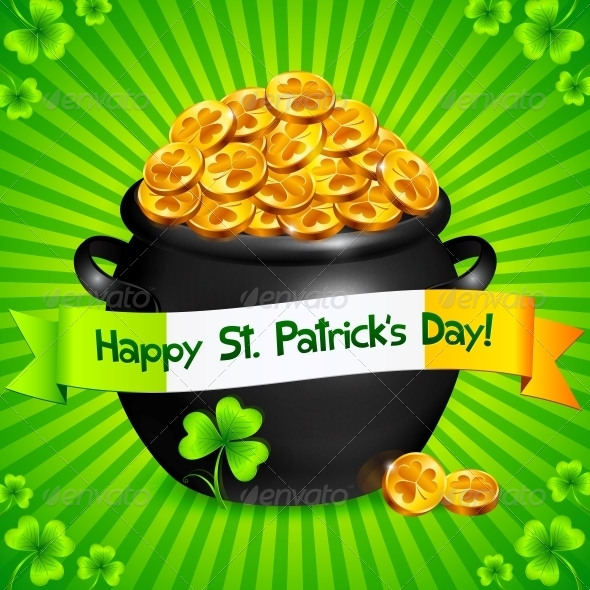 Black Pot of Leprechauns Gold with Lucky Clovers