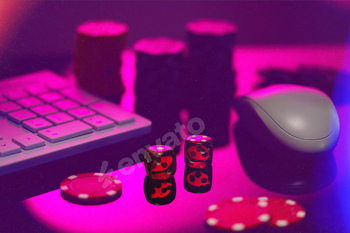 Red Dice on a Pink Surface With a Computer Keyboard and Mouse