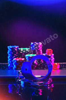 Silver Handcuffs Resting on Laptop Keyboard With Poker Chips.