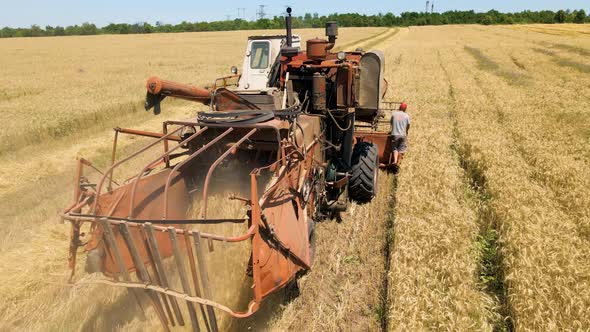 Farmer Rides an Old Combine to Work