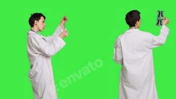 General practitioner examining radiography scan against greenscreen backdrop