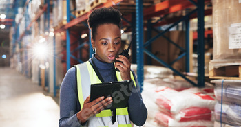 Inspection, black woman and logistics with radio for talking, stock update and supply chain updates