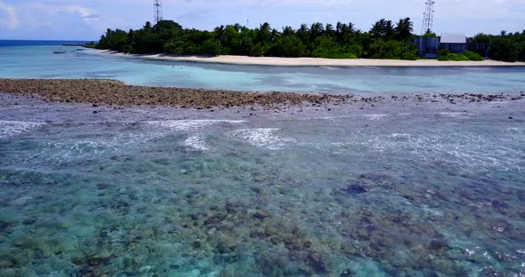 Tropical aerial copy space shot of a paradise sunny white sand beach and turquoise sea background in