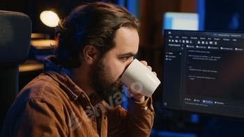 Focused programmer drinking coffee in apartment while solving database errors