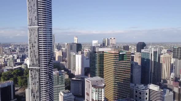 Aerial tilt shot of tall city buildings Brisbane, Queensland