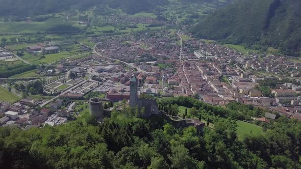 Aerial panoramic view of Borgo Valsugana in Trentino Italy with views of the city and mountains with