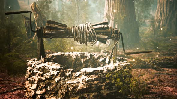 Old Stone Draw Well in the Forest with Fog