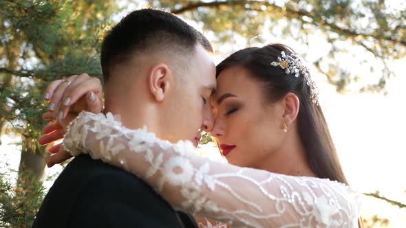 Wedding Day Newlyweds Walk Together Holding Hands