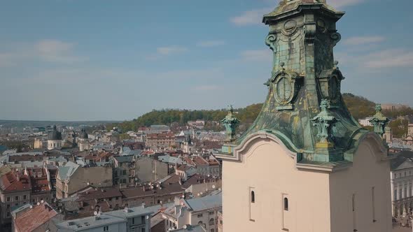 Aerial City Lviv, Ukraine. European City. Popular Areas of the City. Town Hall