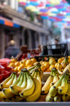 Fruits on the Catania fruit market under the colorful umbrellas