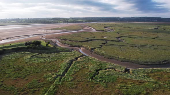 AERIAL: Footage ascending across the Estuary over a group of seabirds during sunset, Gower, 4K Drone