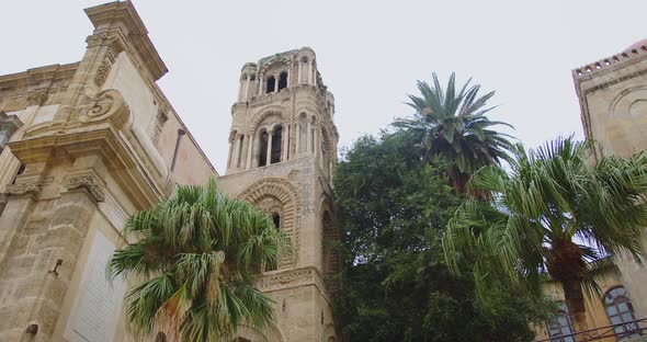 Palermo, Italy - 27 07 2021: green palm trees at Santa Maria dell'Ammiraglio