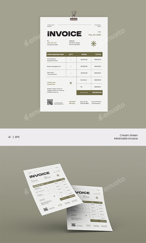 Cream Green Minimalist Invoice