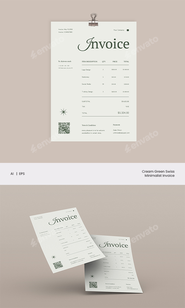 Cream Green Swiss Minimalist Invoice