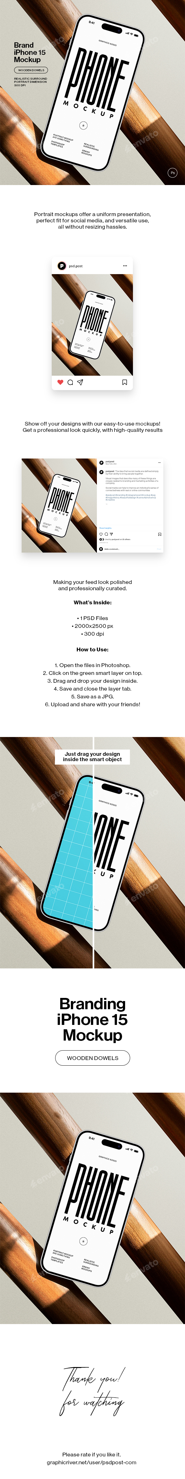 Branding iPhone 15 Mockup on Wooden Dowels