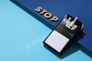 A pack of cigarettes with the word stop on a blue background