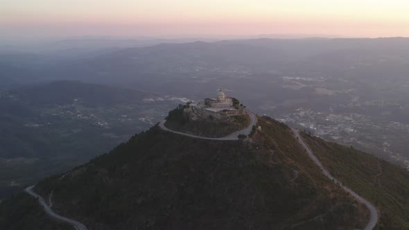 Senhora da Graca church drone aerial view in Mondim de Basto landscape at sunset volta a portugal, i