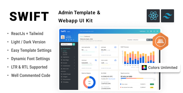 Swift – React + Tailwind CSS Admin Dashboard Template – 0 Sold!