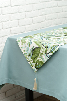 Light Blue Tablecloth With Tropical Leaf Table Runner