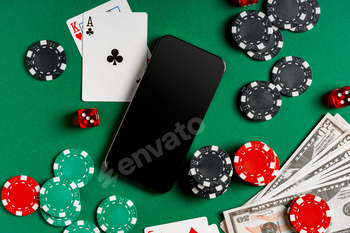 Playing Cards, Chips, and Cash on a Green Felt Surface With a Smartphone