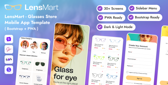 LensMart – Eye Glasses Store Mobile App Template (Bootstrap + PWA) – 0 Sold!