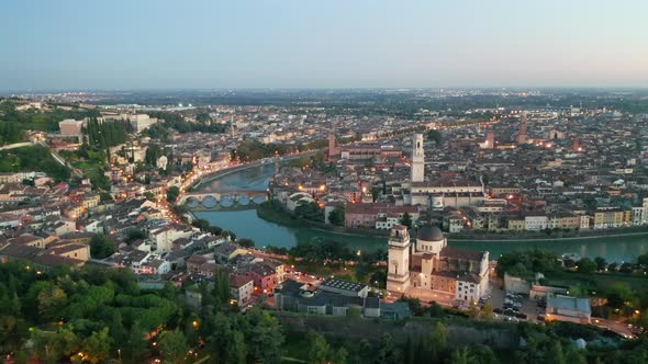 Aerial Footage Above Beautiful Verona During Sunset