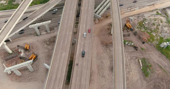 Brids eye view of traffic on 610 and 59 South freeway in Houston, Texas