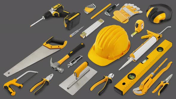 Construction work tools for building. Yellow hard hat with work equipment isolated grey background