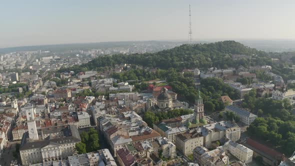 Aerial Drone Footage of European City Lviv, Ukraine, Flight Above Popular Ancient Part of Old Town