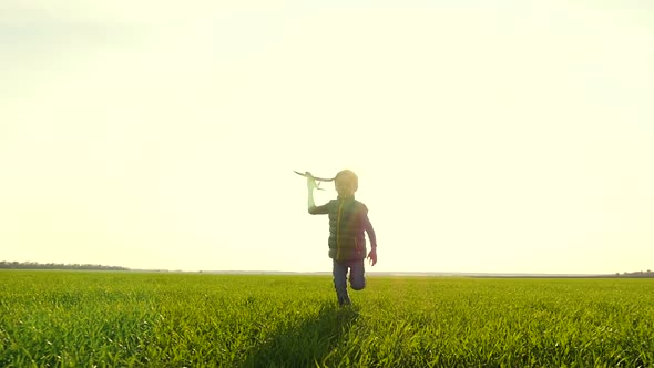 A Little Boy Runs Through the Green Grass Playing with a Toy Airplane. Happy Child.