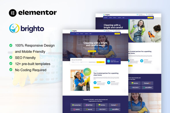 Brighto – Cleaning Service Company Elementor Pro Template Kit – 0 Sold!