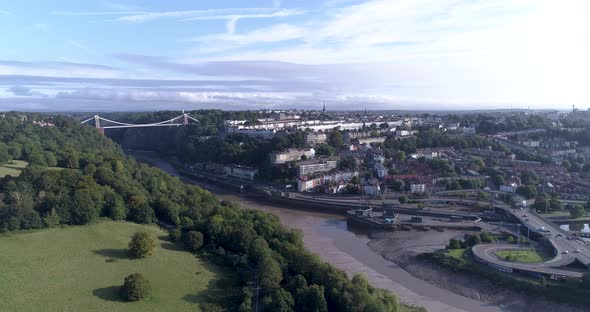 Aerial establishing shot over river severn towards Bristol