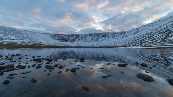 Akademicheskoye Lake in Khibiny Mountains at Sunset in Winter