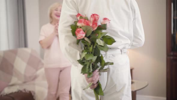 Back View of Elegant Mature Caucasian Man Giving Bouquet of Roses To Beautiful Wife on Saint