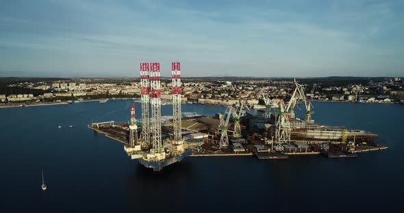 Aerial view of Pula harbour and a shipyard, Pula, Istria, Croatia.