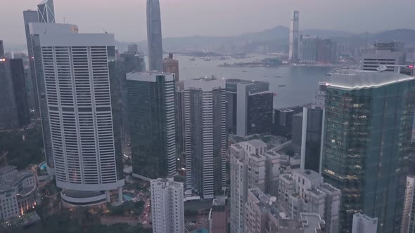 Hong Kong Island downtown city centre skyline at night. Aerial drone view