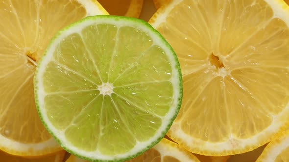 Lime and Lemon Slices Closeup Fruits Top View